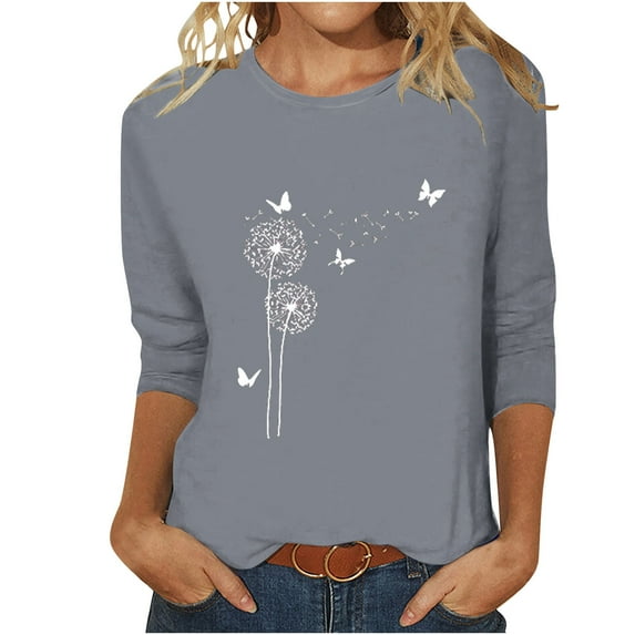 fartey 3/4 Length Sleeve Tops for Women Funny Trendy Dandelion Graphic Blouse T-Shirt Casual Fit Crewneck Pullover Tees Lightweight Soft Stretch Loose Dressy Shirts For Jeans