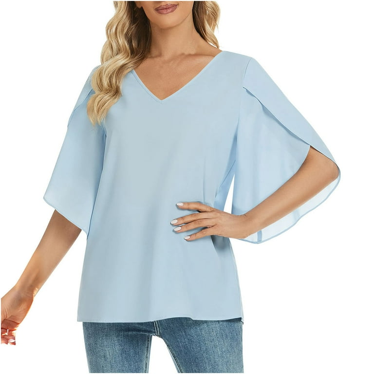 fartey 3 4 Petal Sleeve Tops for Women Dressy Flowy V Neck T Shirt Loose Comfy Solid Color Shirts Lightweight Soft Spring Summer 2024 Blouses Top