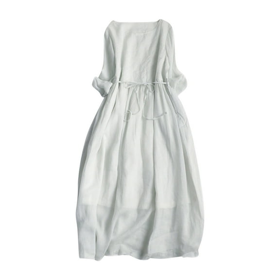fartey 3/4 Sleeve Sundresses for Women 2024 Cotton Linen Dress Tunic Pleated Solid Color Summer Dresses Breathable Casual Round Neck Flowy Sundress for Beach