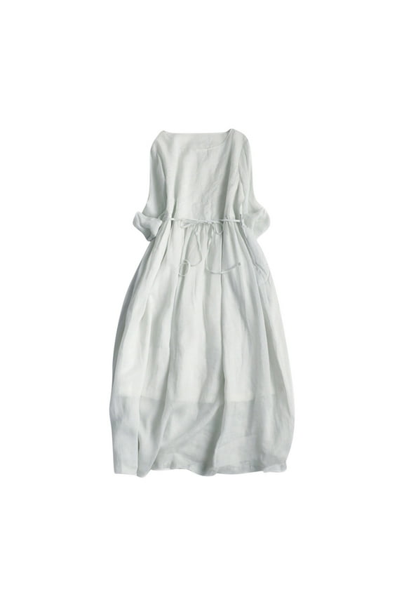 3/4 Sleeve Sundresses for Women 2024 Cotton Linen Dress Tunic Pleated Solid Color Summer Dresses Breathable Casual Round Neck Flowy Sundress for Beach