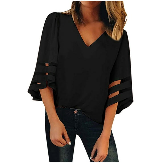 fartey 3/4 Sleeve Tops for Women Loose Comfy Mesh Patchwork Bell Sleeve V Neck Tshirts Casual Solid Color Lightweight Soft Tees