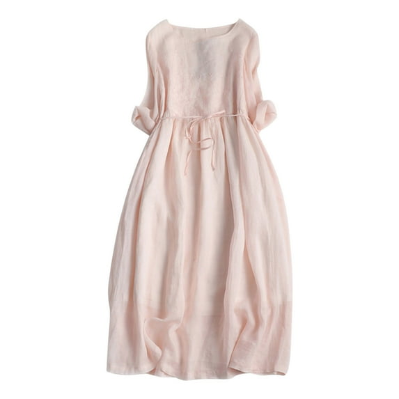 fartey 3/4 Sleeve for Women 2025 Cotton Linen Dress Tunic Pleated Solid Color Summer Dresses Breathable Casual Round Neck Flowy Sundress for Beach