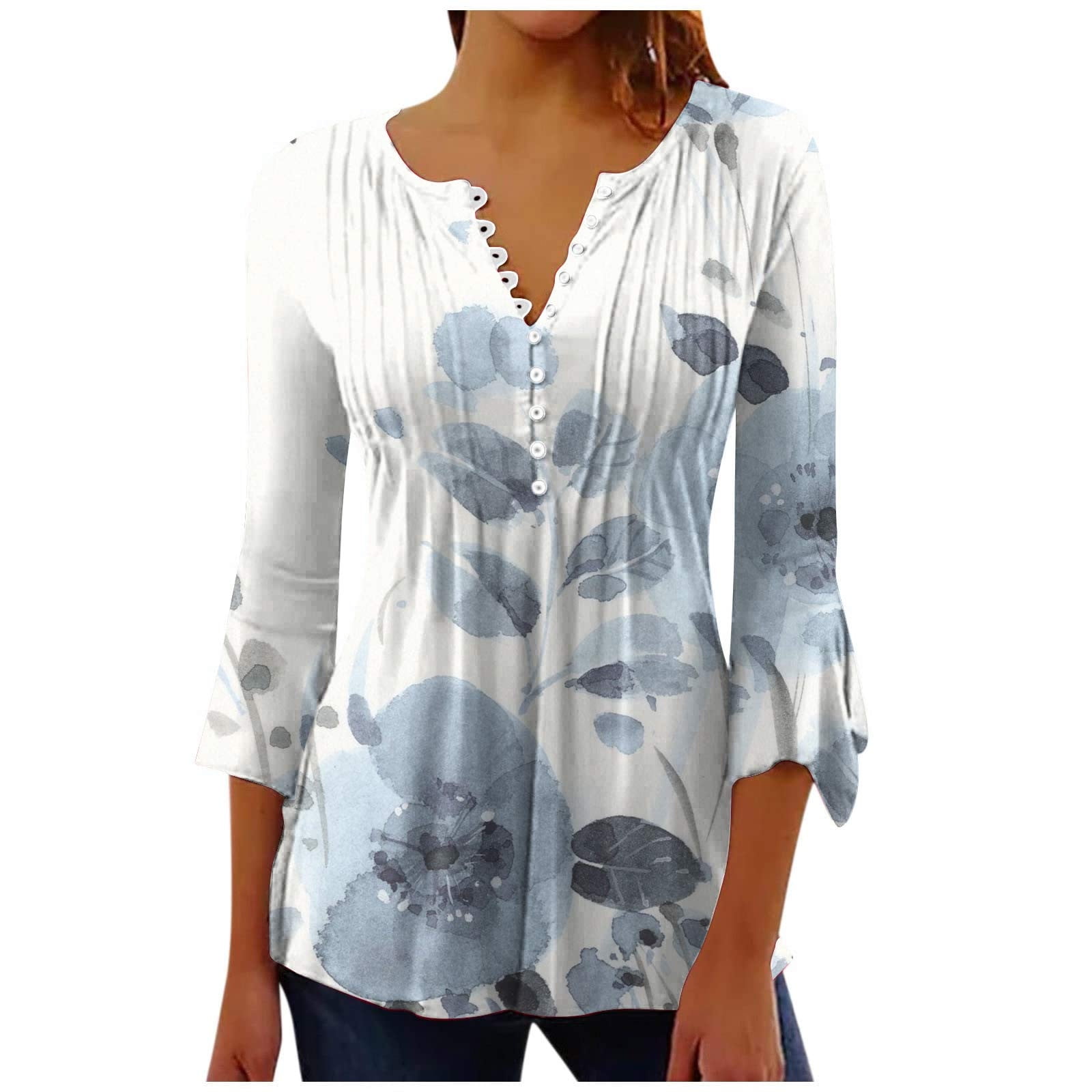 fartey 3/4 Sleeves Tops for Women Tunic Trendy Floral Print Cute T Shirt Lounge V Neck Pullover