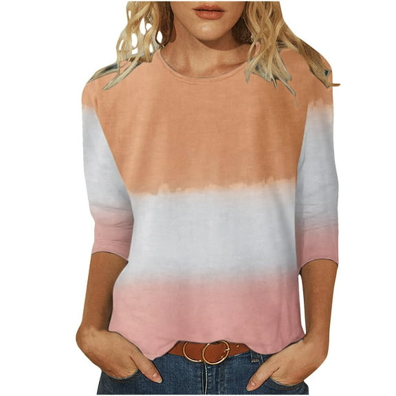 fartey 3/4 Sleeves Tops for Women Color Block Printing Pullover Tee Lightweight Comfy Crewneck Blouses Funny Casual 3/4 Length Sleeved Top Shirts