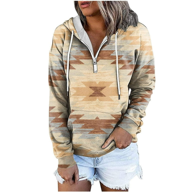 fartey Aztec Hoodie Western Ethnic Print Casual 1/4 Zip Up