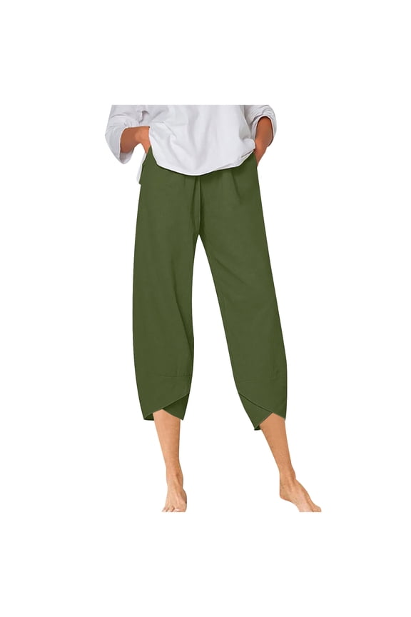 Capri Pants for Women Cotton Linen Elastic Waist Tulip Hem Pockets Baggy Trousers Solid Color Breathable Casual Beach Trousers