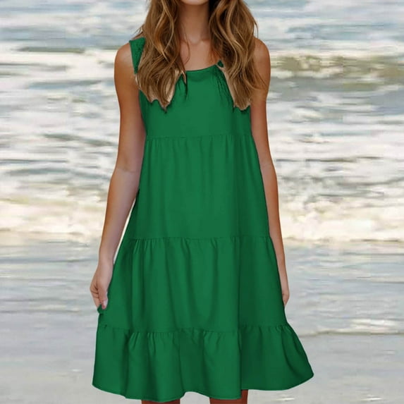 fartey Casual Dress for Women Summer Solid Scoop Neck Tiered Loose Tank Dresses Sleeveless A-Line Comfy Midi Beach Dress