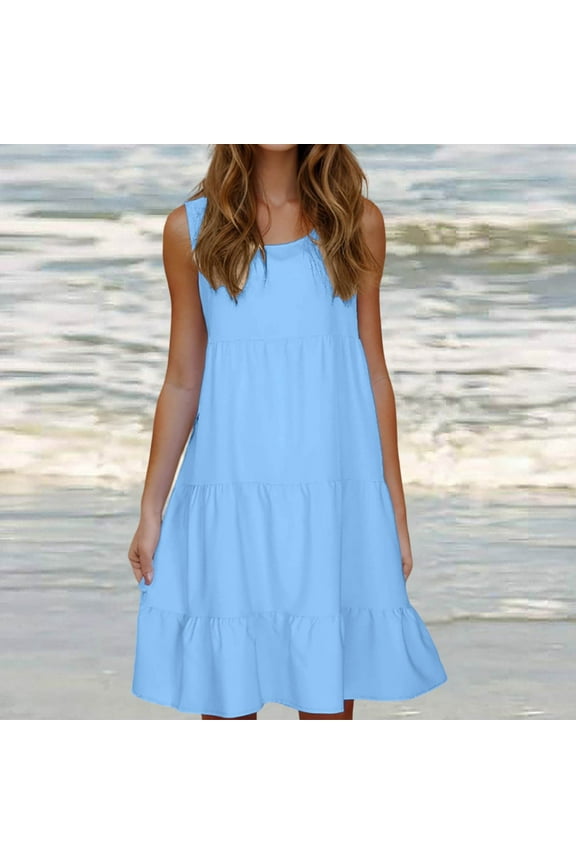 Casual Dress for Women Summer Solid Scoop Neck Tiered Loose Tank Dresses Sleeveless A-Line Comfy Midi Beach Dress