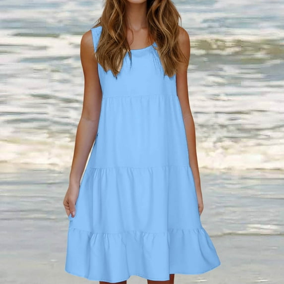 fartey Casual Dress for Women Summer Solid Scoop Neck Tiered Loose Tank Dresses Sleeveless A-Line Comfy Midi Beach Dress