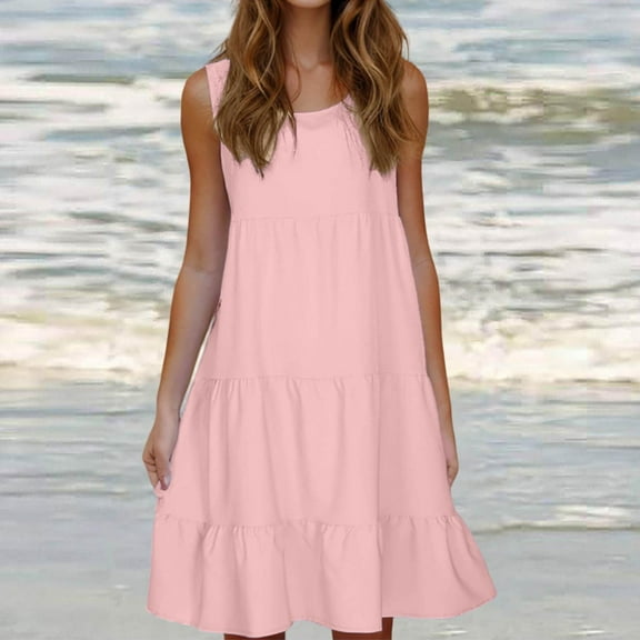fartey Casual Dress for Women Summer Solid Scoop Neck Tiered Loose Tank Dresses Sleeveless A-Line Comfy Midi Beach Dress