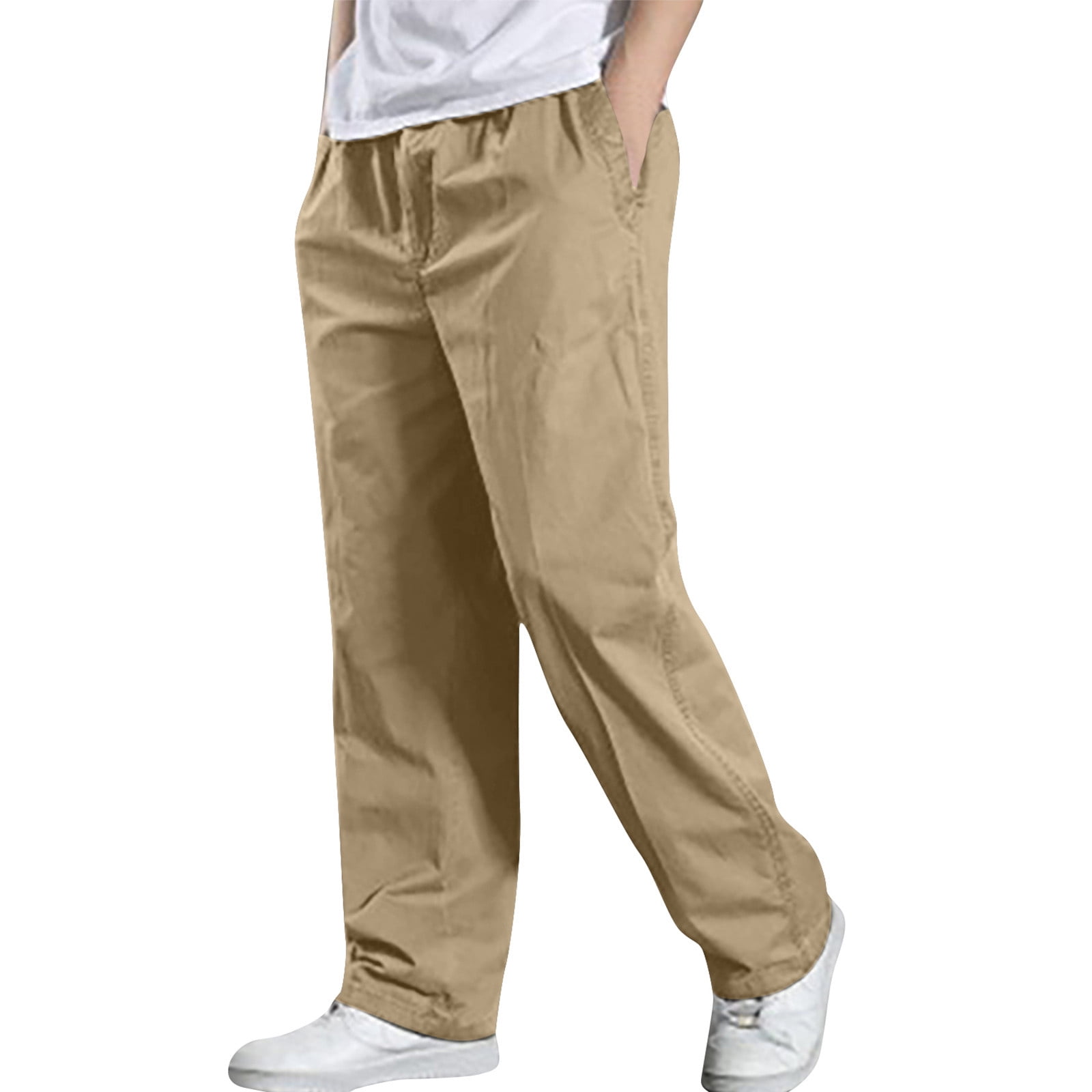 Men Pocket Casual Soft Corduroy Pants Elastic Waist Straight Leg Loose  Trousers