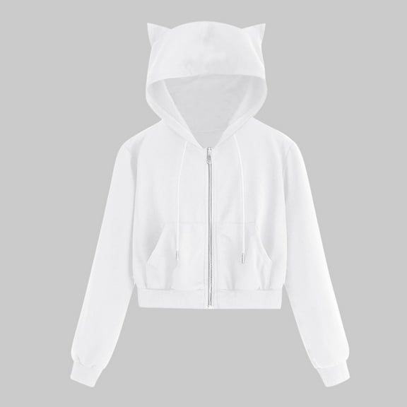 fartey Cat Ear Hoodies for Women Zip Up Crop Jacket Solid Long Sleeve Sweatshirt Casual Y2k Cute Hooded Jacket Outwear