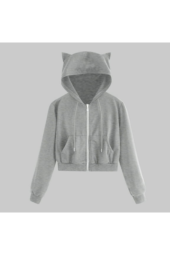 Cat Ear Hoodies for Women Zip Up Crop Jacket Solid Long Sleeve Sweatshirt Casual Y2k Cute Hooded Jacket Outwear
