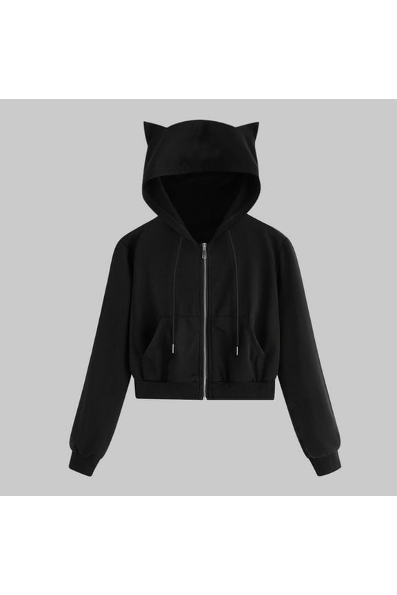 Cat Ear Hoodies for Women Zip Up Crop Jacket Solid Long Sleeve Sweatshirt Casual Y2k Cute Hooded Jacket Outwear