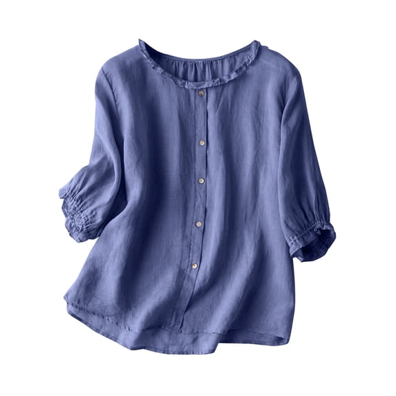 fartey Cotton Linen Blouses for Women Trendy 2025 Solid Color T Shirts Lounge Flowy 3/4 Length Sleeves Top Loose Fitted Ruffle Trim Crewneck Buttons Tshirts Blouse
