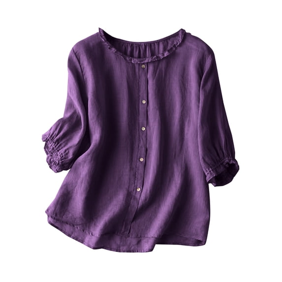 fartey Cotton Linen Blouses for Women Trendy 2025 Solid Color T Shirts Lounge Flowy 3/4 Length Sleeves Top Loose Fitted Ruffle Trim Crewneck Buttons Tshirts Blouse