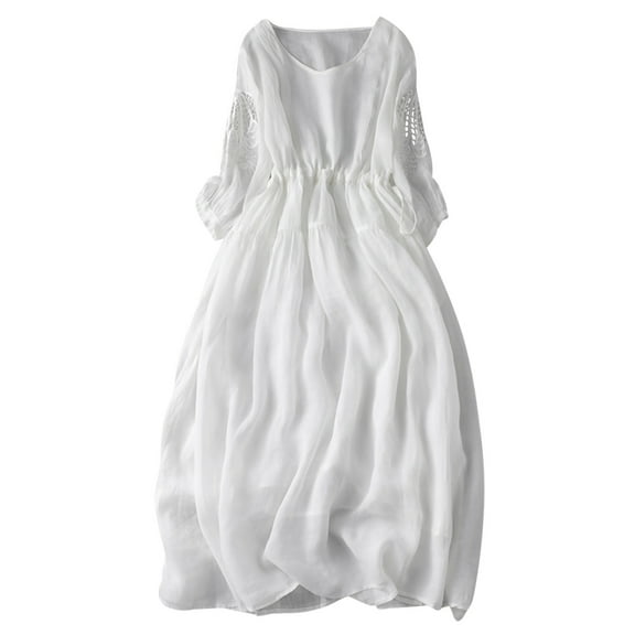 fartey Cotton Linen Dresses for Women Summer 2025 Cut out 3/4 Sleeves Dress Lounge Tunic V Neck Sundress With Bow Tie Solid Color Breathable Pleated Dresses