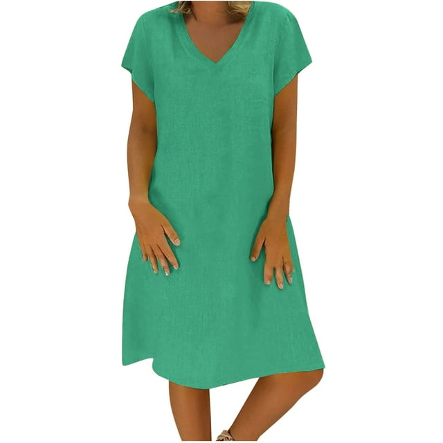 fartey Cotton Linen Dresses for Women Summer Solid Color Short Sleeve ...