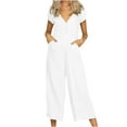 thumbnail image 1 of fartey Cotton Linen Jumpsuits for Women Solid Color Button up Pockets Relaxed Romper V Neck Short Sleeve Summer Lounge Onesies, 1 of 4