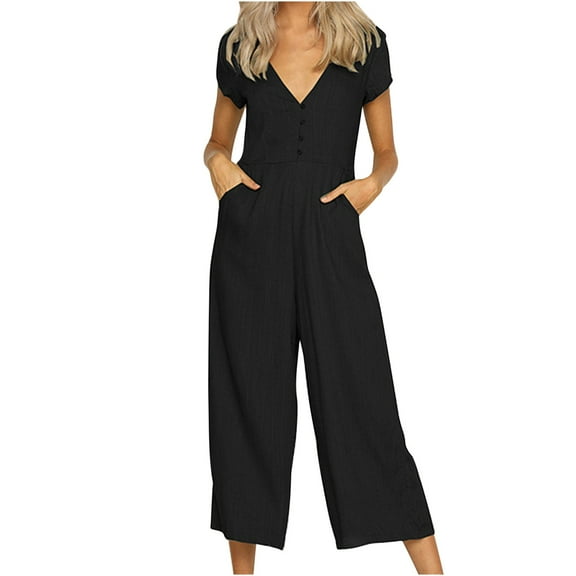 fartey Cotton Linen Jumpsuits for Women Solid Color Button up Pockets Relaxed Romper V Neck Short Sleeve Summer Lounge Onesies