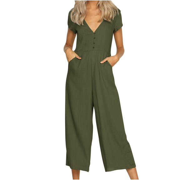 fartey Cotton Linen Jumpsuits for Women Solid Color Button up Pockets Relaxed Romper V Neck Short Sleeve Summer Lounge Onesies