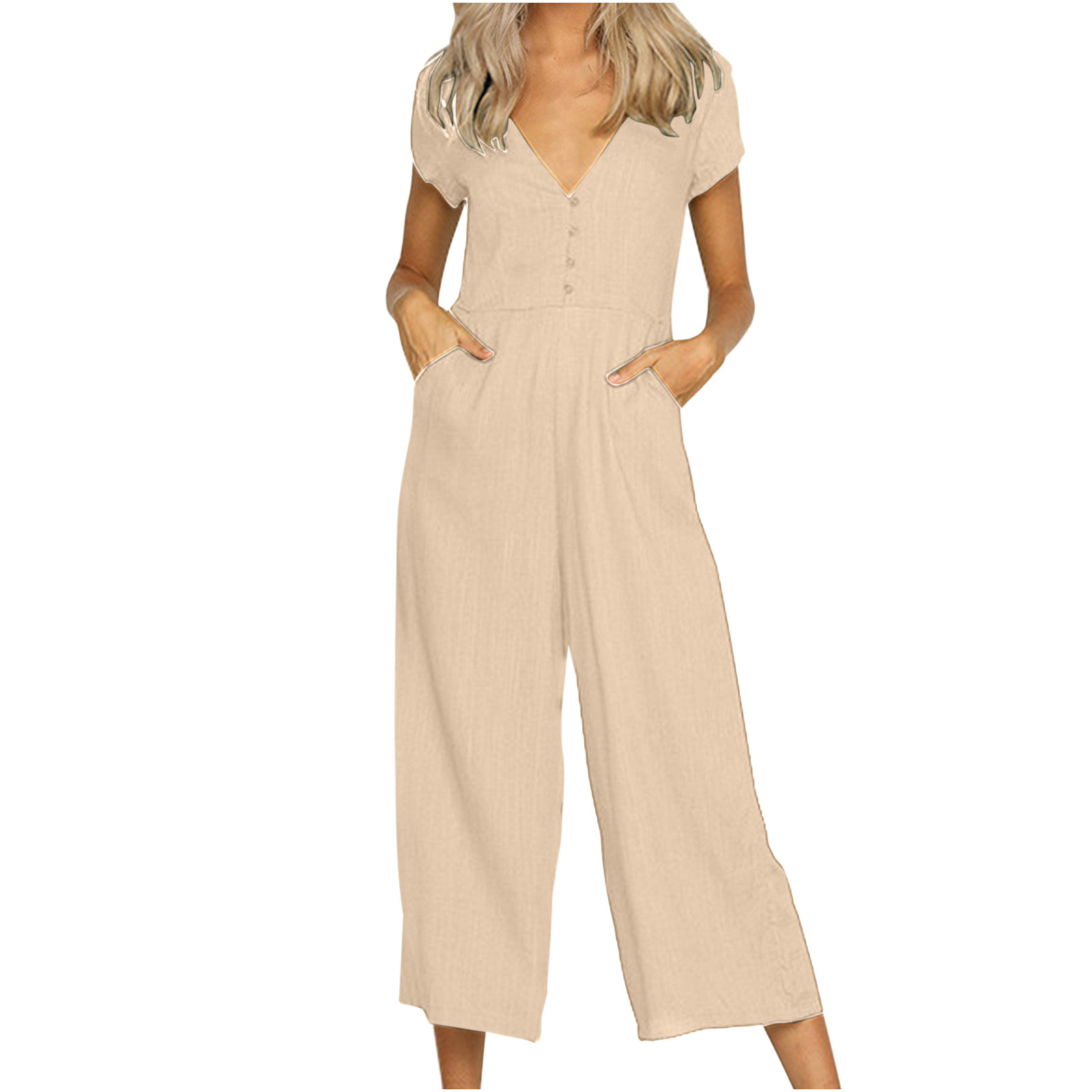 fartey Cotton Linen Jumpsuits for Women Solid Color Button up Pockets ...