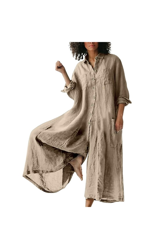 Cotton Linen Rompers for Women Button Down Solid Color Baggy Breathable Wide Leg Jumpsuits Round Neck Long Sleeve Lounge Onesies