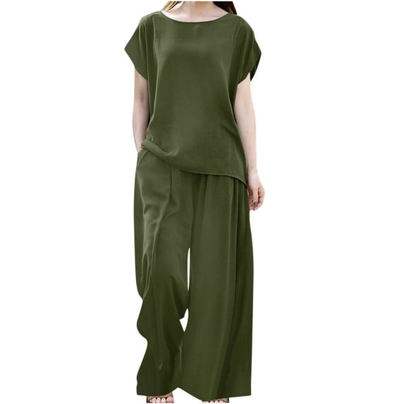fartey Cotton Linen Short Sets for Women 2 Piece Crewneck Short Sleeve Top Elastic Waist Pockets Casual Pants Solid Color Loose Comfy Outfits, S-5XL
