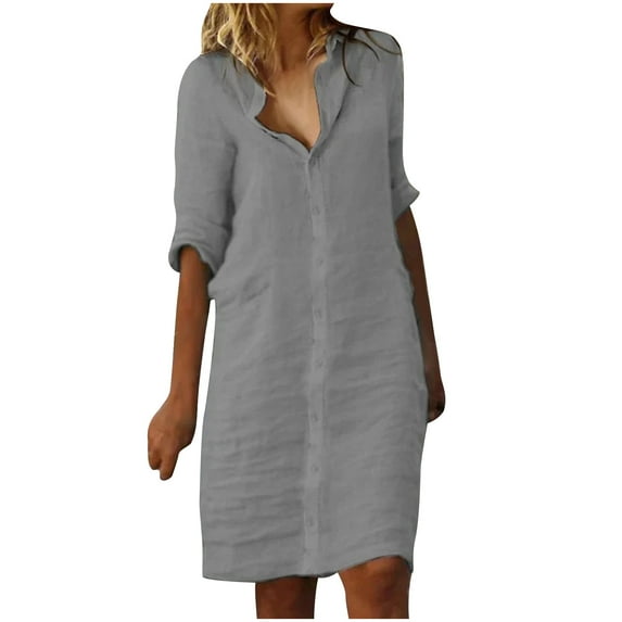 fartey Cotton Linen Sundresses for Women Summer 2024 Button Down Dress Loose Cozy Half Sleeves Midi Dresses Lounge Solid Color Lapel Beach Sundress