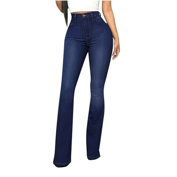 fartey Denim Pants for Women with Pockets Zipper High Waist Jeans Trousers Summer Lounge Solid Color Slim Comfy Flared Trousers