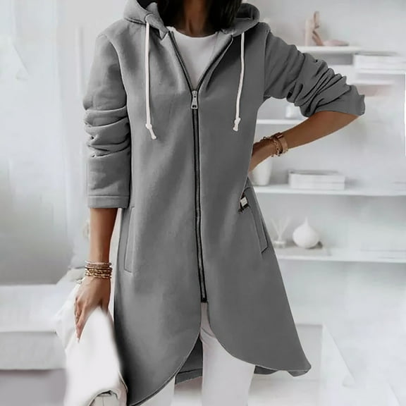 fartey Fleece Zip up Hoodie Oversized Curved Hem Sweatshirt Women Long Sleeve Solid Drawstring Long Hooded Jacket with Pocket