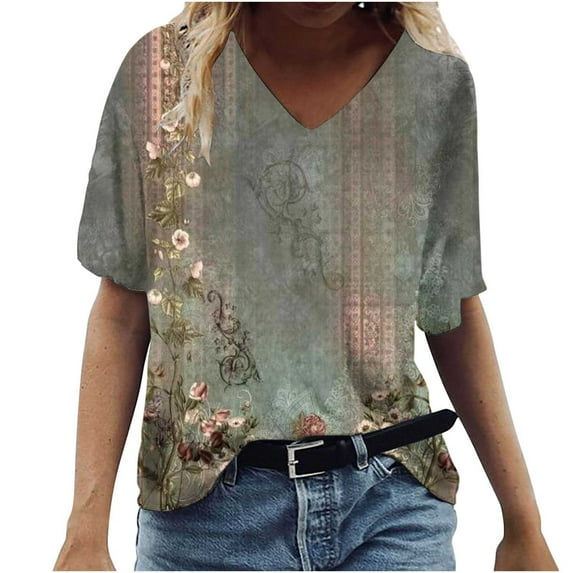 fartey Floral Print Shirts for Women Plus Size 2024 Summer Casual V Neck Tshirts Loose Short Sleeve Lightweight Soft Tops Tee for Jeans