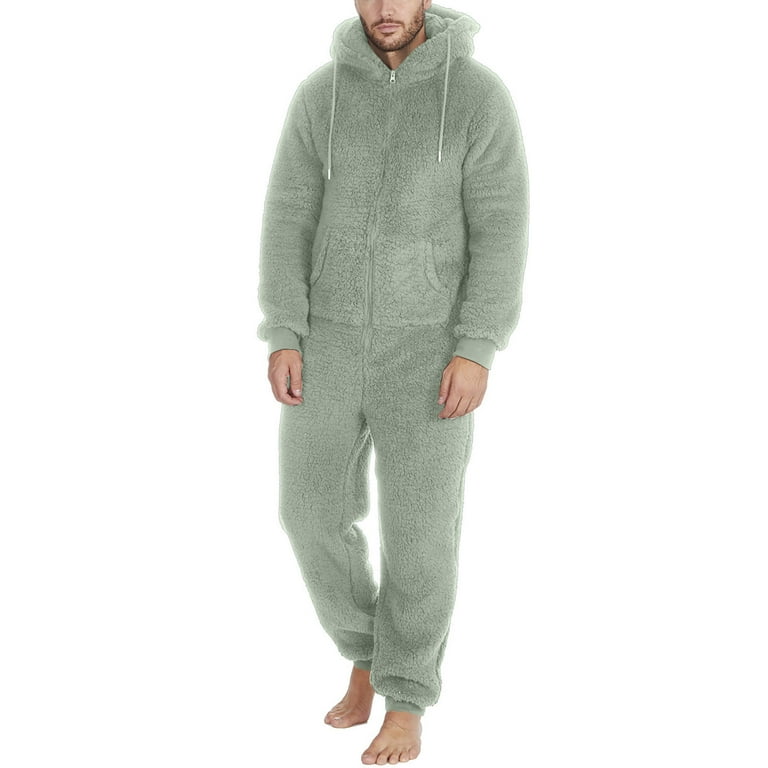 fartey Hooded Jumpsuits for Men Solid Color Fleece One Piece Pajamas Warm Pockets Long Sleeve Full Zip Plus Size Sleepwear S 5XL