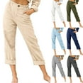 thumbnail image 1 of fartey Women Cotton Linen Capri Pants Loose Fit Elastic High Waist Button Trousers Paperbag Waist Zipper Pockets Print Vacation Trousers, 1 of 6