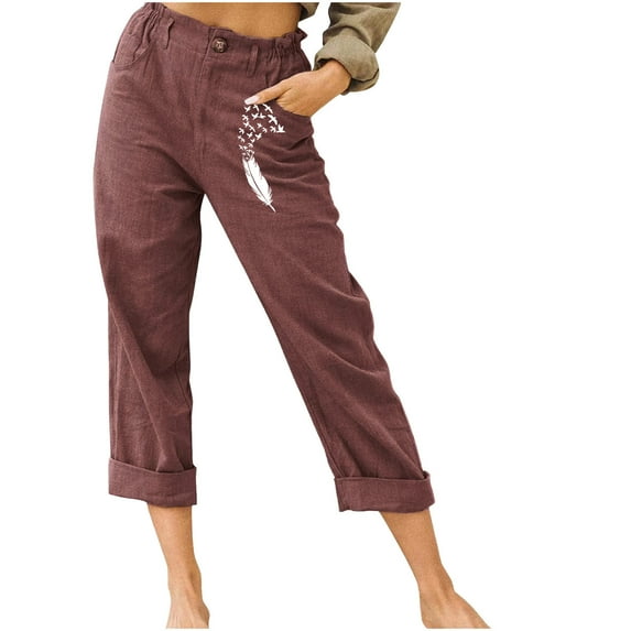 fartey Lightning Deals of Today Women Cotton Linen Capri Pants Loose Fit Elastic High Waist Button Trousers Paperbag Waist Zipper Pockets Print Vacation Trousers