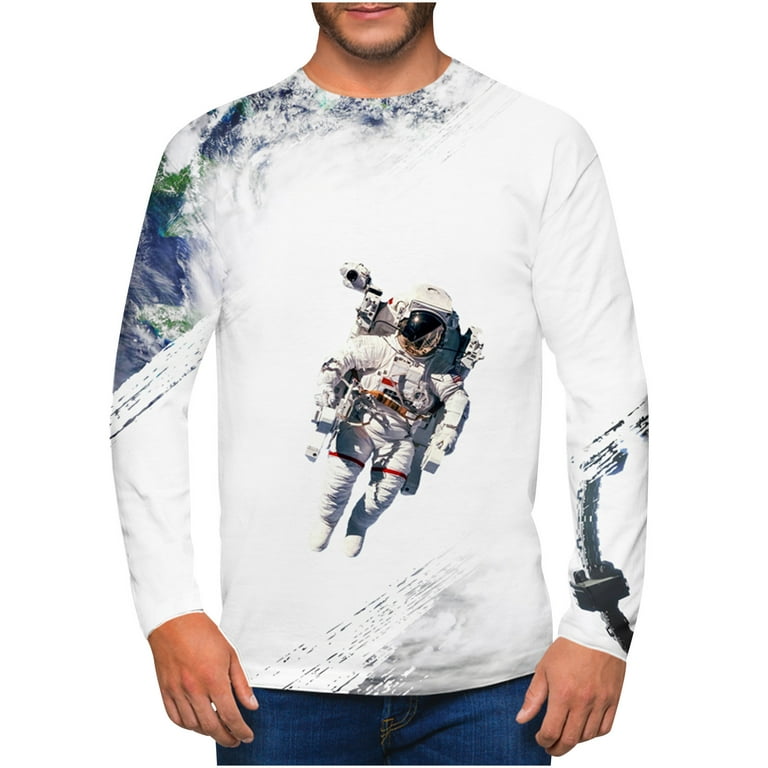 fartey Long Sleeve Shirts for Men 3D Space Graphic Top Casual Crew Neck  Color Block Novelty Tee Slim Fit T-shirt