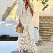 fartey Maxi Dress for Women Bohemian Print V Neck Long Sleeve Plus Size Dress Lace Solid Color Tiered Loose Swing Dress