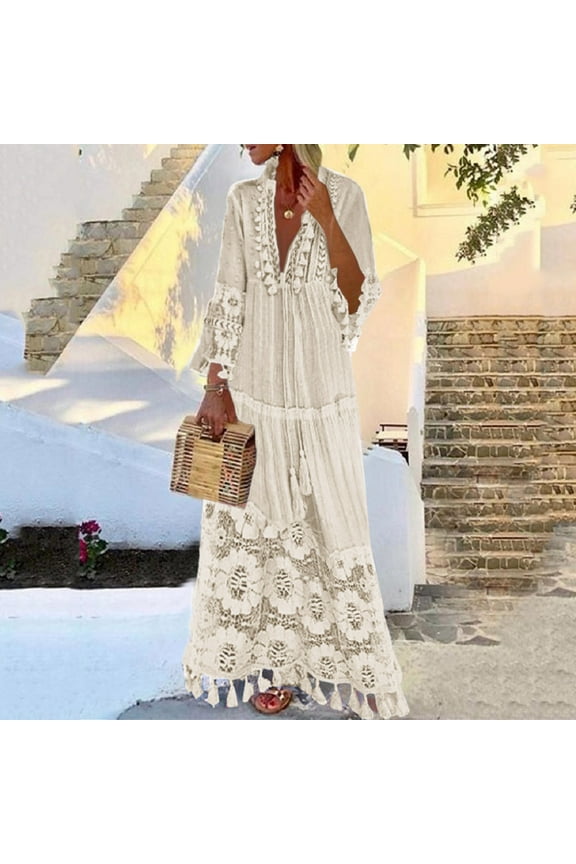 Maxi Dress for Women Bohemian Print V Neck Long Sleeve Plus Size Dress Lace Solid Color Tiered Loose Swing Dress