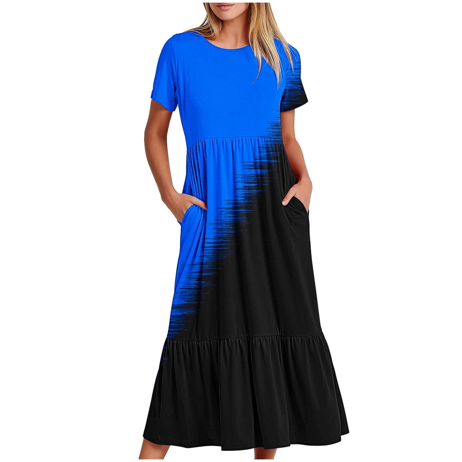 fartey Maxi Dresses for Women 2024 Casual Fashion Color Block Print T Shirt Dress Tunic Fit Ruffle Layered Hem Maxi Dresses Pleated Flowy Short Sleeve