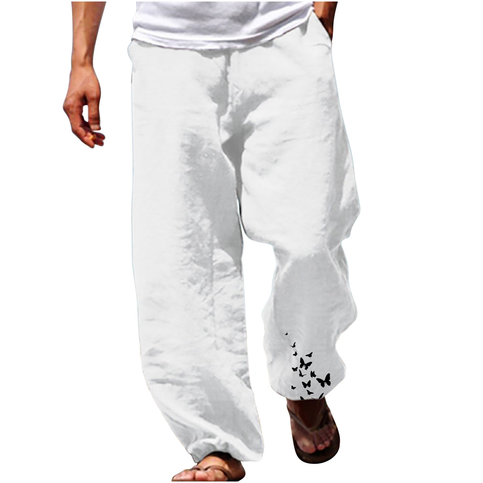 fartey Men Casual Beach Pant Loose Fit Butterfly Print Elastic Waist