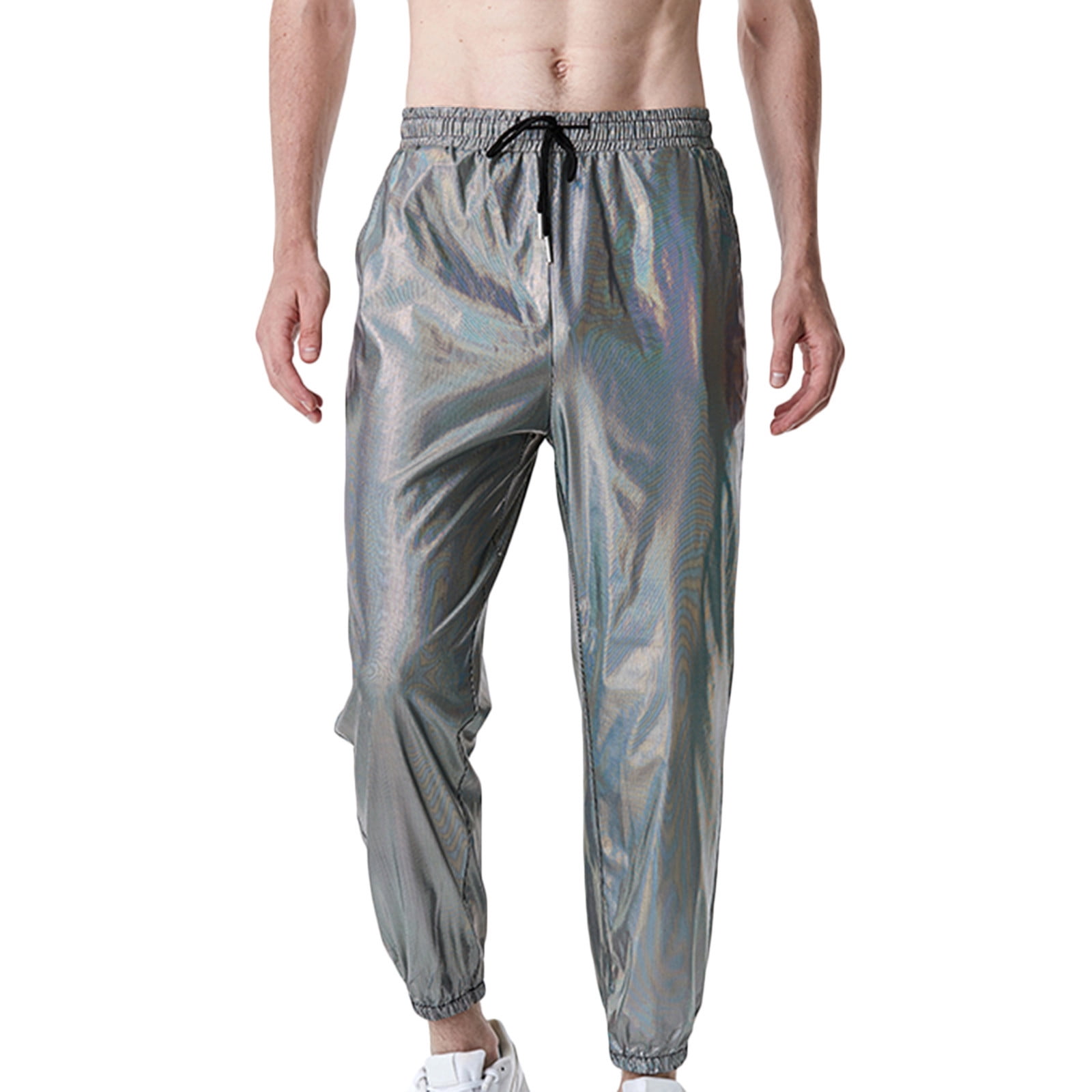 fartey Men Metallic Shiny Pant with Pockets Drawstring Slim