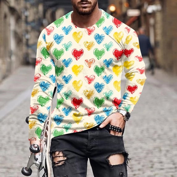 fartey Men Plus Size Valentine's Day Shirt Funny 2025 Love Heart Printed Long Sleeve Blouse Lightweight Soft Crewneck Dressy Workout Tops for Gifts, S-5XL