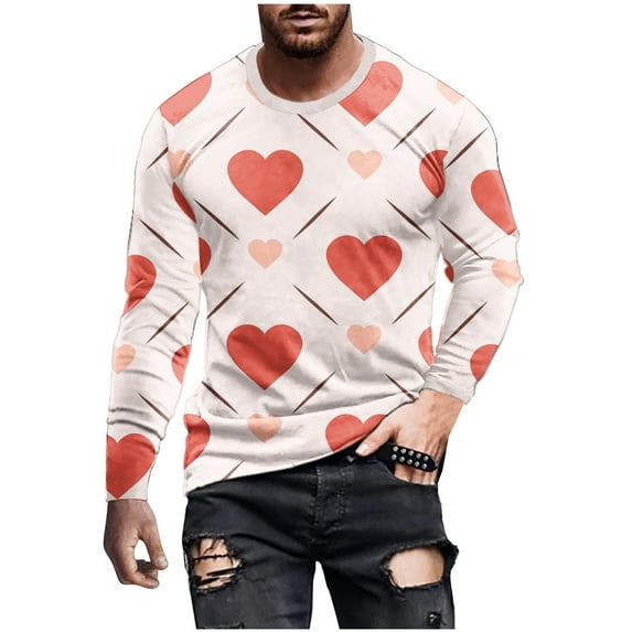 fartey Men Plus Size Valentines Day T-Shirts Funny 2025 Love Heart Printed Top Tunic Casual Long Sleeve Hip Hop Tshirt Big and Tall Trendy Pattern Crewneck Fitness Gifts Shirt, S-5XL