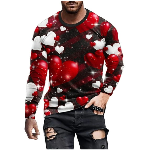fartey Men's 2024 Valentine Day T Shirt Plus Size Romantic Love Heart Print Tops Funny Tunic Fit Fitness Long Sleeve Tshirts Lovely Round Neck Hip Hop Tee Top for Men, S-5XL