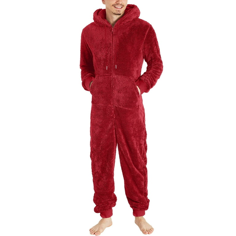 fartey Men s Fuzzy Fleece Hooded Jumpsuits Plus Size Full Zip Onesie Pajamas with Pockets Long Sleeves Romper Sleepwear Thermal Solid Color One Piece