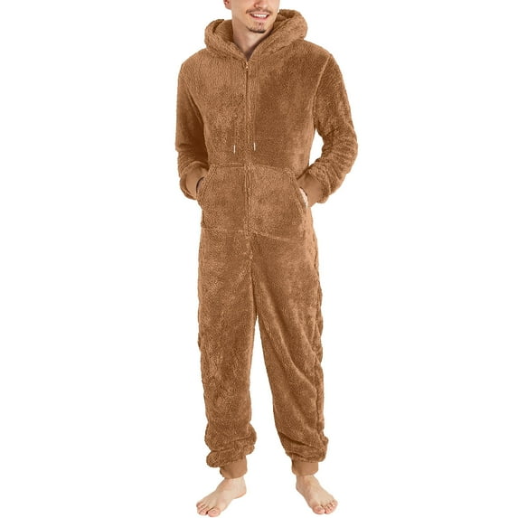 fartey Men's Fuzzy Fleece Hooded Jumpsuits Plus Size Full Zip Onesie Pajamas with Pockets Long Sleeves Romper Sleepwear Thermal Solid Color One Piece Hoodie Playsuit Loungewear, S-5XL