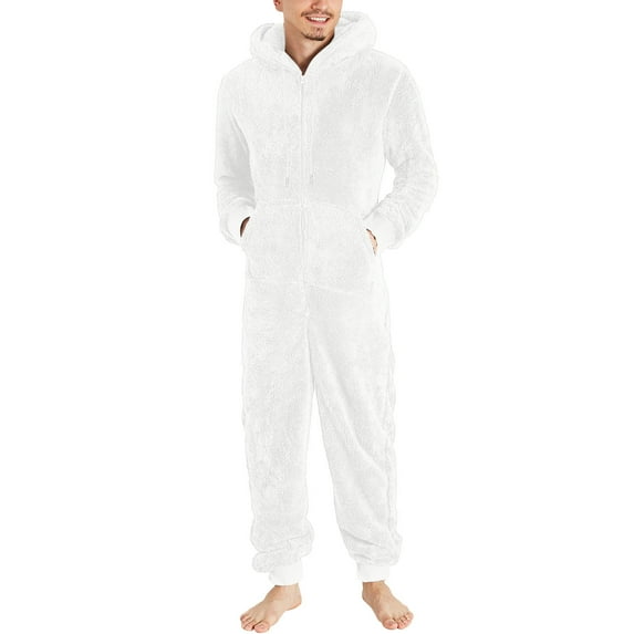 fartey Men's Fuzzy Fleece Hooded Jumpsuits Plus Size Full Zip Onesie Pajamas with Pockets Long Sleeves Romper Sleepwear Thermal Solid Color One Piece Hoodie Playsuit Loungewear, S-5XL