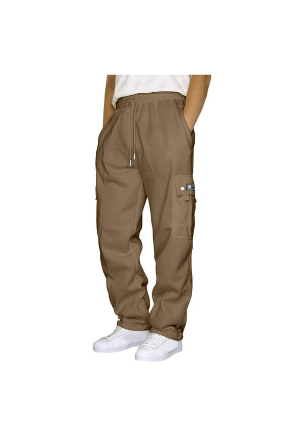 Men's Lightweight Fleece Cargo Sweatpants Plus Size Multi Pockets Drawstring Pants for Men Warm Loose Flex Waist Hiking Workout Athletic Pant, S-5XL