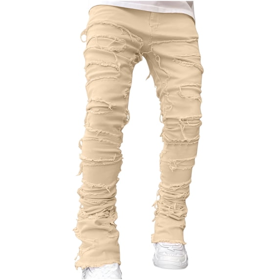 fartey Men's Stacked Streetwear Denim Pants Slim FItted Patch Distressed Destroyed Pants Ripped Jeans With Zipper Button Hip Hop Jeans