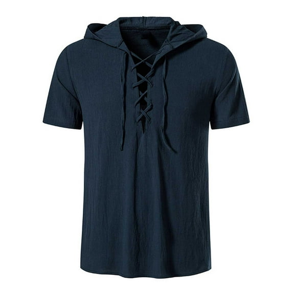 fartey Mens 2025 Cotton Linen Hooded Tops with Drawstring Lace Up V Neck Fashion Hoodie Shirts Casual Breathable Solid Color Tshirts Roomy Comfy Short Sleeve Top